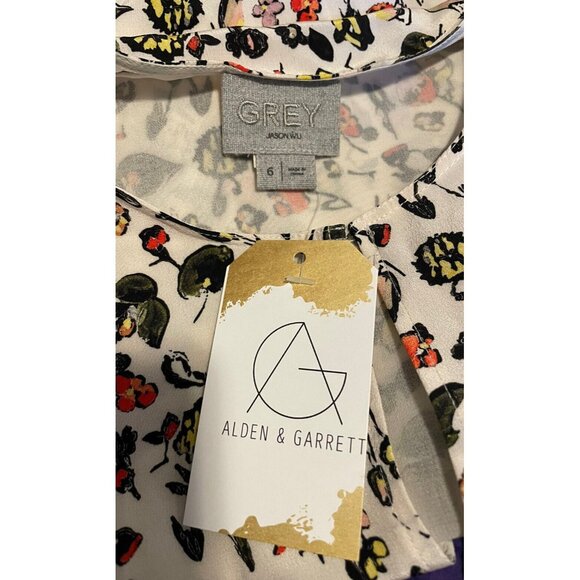 Grey Jason Wu White Silk Top with Floral Print and Front Keyhole, Size 6 - Picture 4 of 11